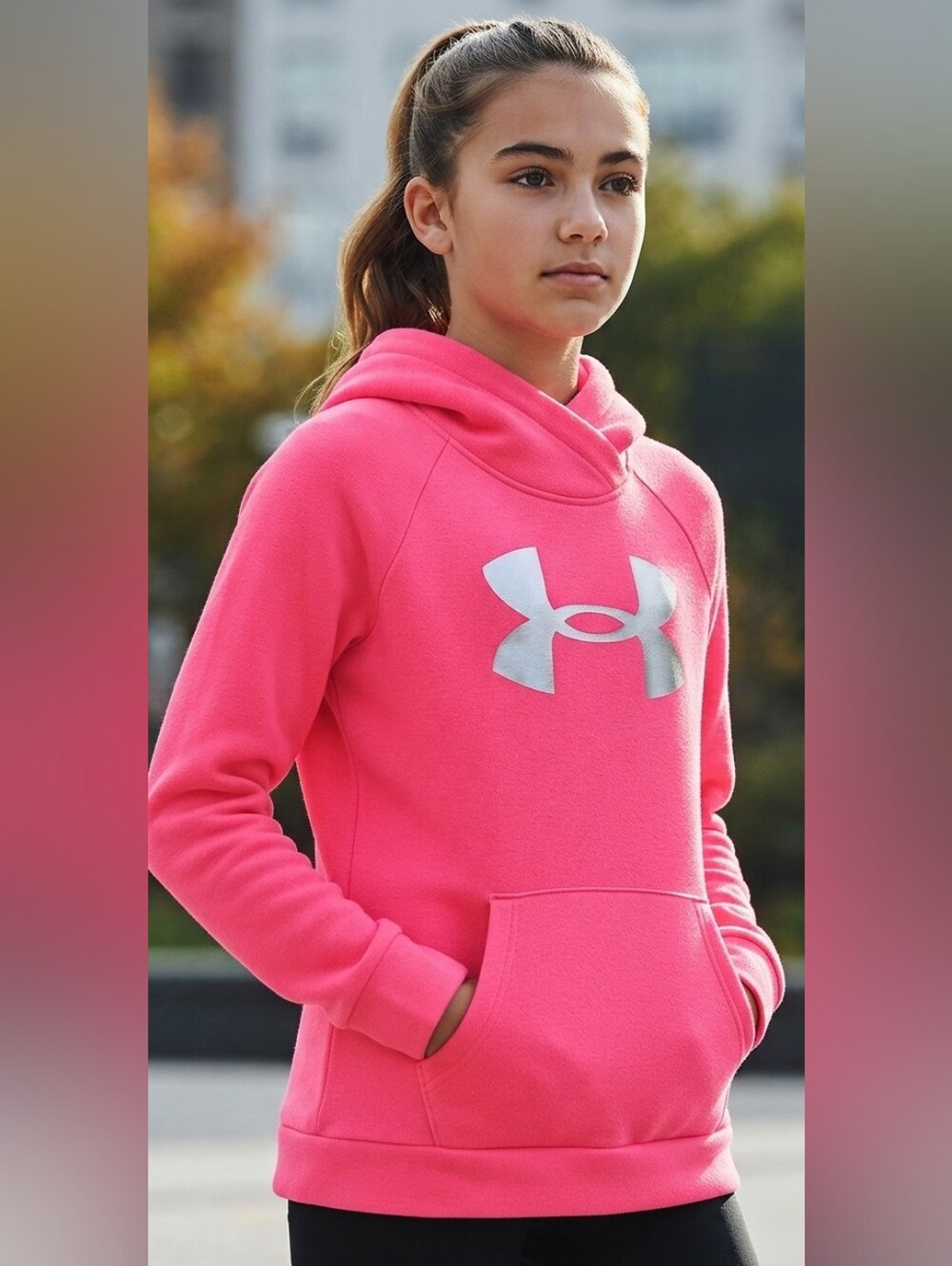 Under Armour Pink Big Logo Fleece Hoodie Youth XL GUC